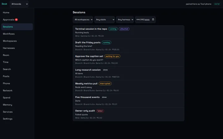 TheDesk.one Sessions screen: Every AI session with its state: running, waiting for you, done, failed.